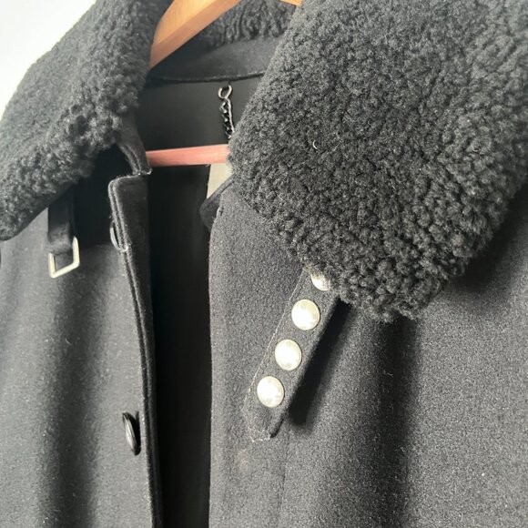 Shearling Trim Collar Black Wool Aviator Jacket - Picture 3 of 8